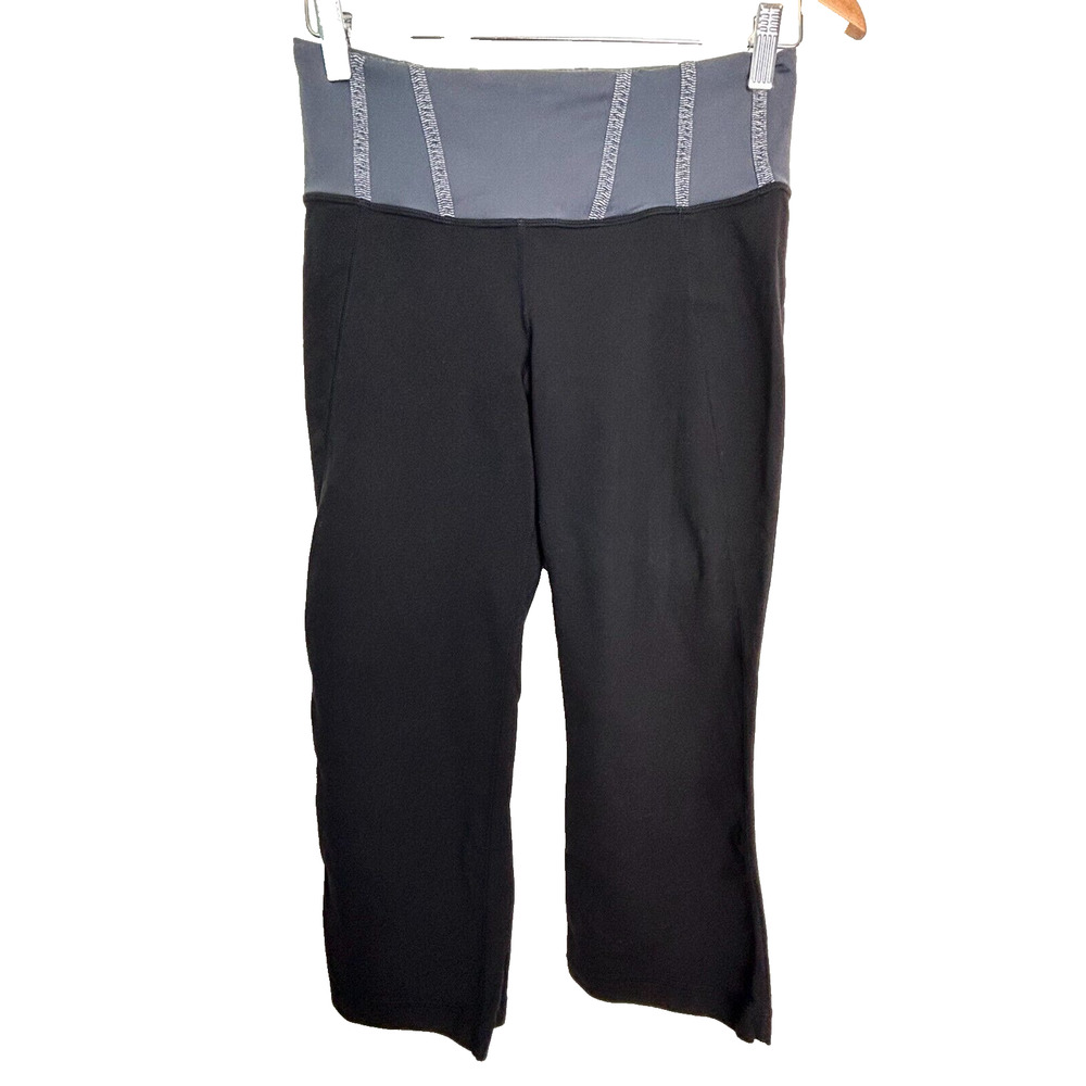 Lululemon Gather & Crow Crop Leggings Women 6 Black Ankle Slit Gray Waist Stripe